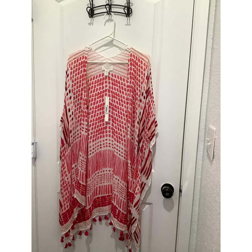 Caslon from Nordstrom One Size Kimono Red Pink Geometric Print Tassel Trim NWT